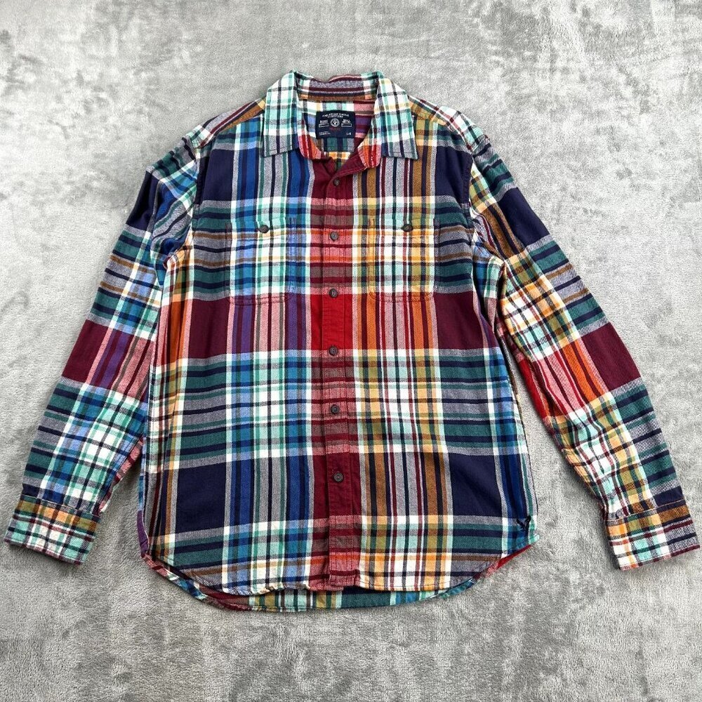 American Eagle Shirt Mens Large Blue Plaid Flannel Button Up Prep Fit Lumberjack